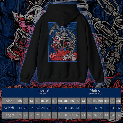 Size chart of a Hooded Sweatshirt of Mangle suspended among hanging cables and broken machinery, multiple mechanical limbs stretching outward as static-filled screens glow in the background. Its shattered face and glowing eyes create an atmosphere of panic and unease. The composition emphasizes animatronic corruption, psychological tension, and the nightmare-like horror central to the Five Nights at Freddy’s series.