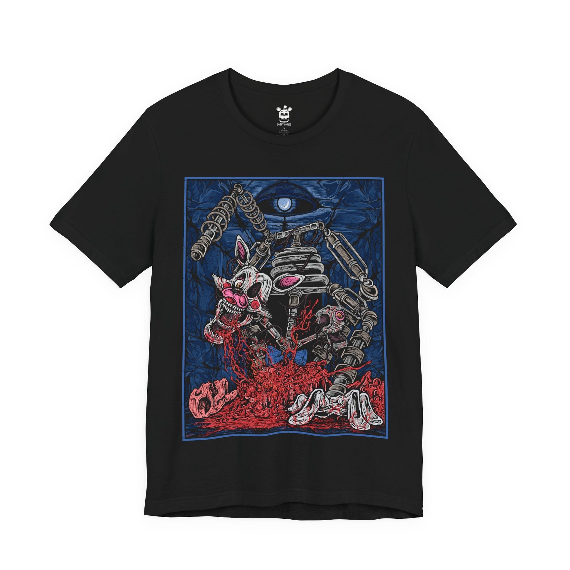 Image 4 of a T-Shirt design of Mangle from Five Nights at Freddy’s, hanging from the ceiling in a dark security room as exposed wires and broken animatronic parts twist around its mangled body. One glowing eye stares through the darkness while static flickers across nearby monitors. The design captures mechanical horror, instability, and the unsettling presence of one of FNAF’s most disturbing animatronics.