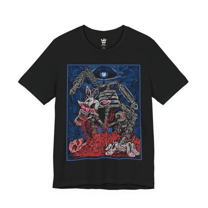 Image 4 of a T-Shirt design of Mangle from Five Nights at Freddy’s, hanging from the ceiling in a dark security room as exposed wires and broken animatronic parts twist around its mangled body. One glowing eye stares through the darkness while static flickers across nearby monitors. The design captures mechanical horror, instability, and the unsettling presence of one of FNAF’s most disturbing animatronics.