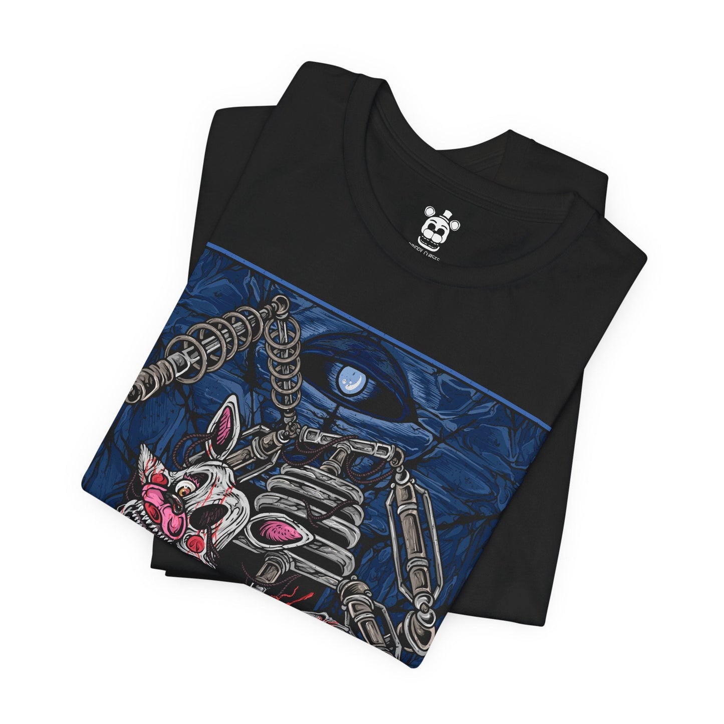 Image 5 of a T-Shirt design of Mangle from Five Nights at Freddy’s, hanging from the ceiling in a dark security room as exposed wires and broken animatronic parts twist around its mangled body. One glowing eye stares through the darkness while static flickers across nearby monitors. The design captures mechanical horror, instability, and the unsettling presence of one of FNAF’s most disturbing animatronics.