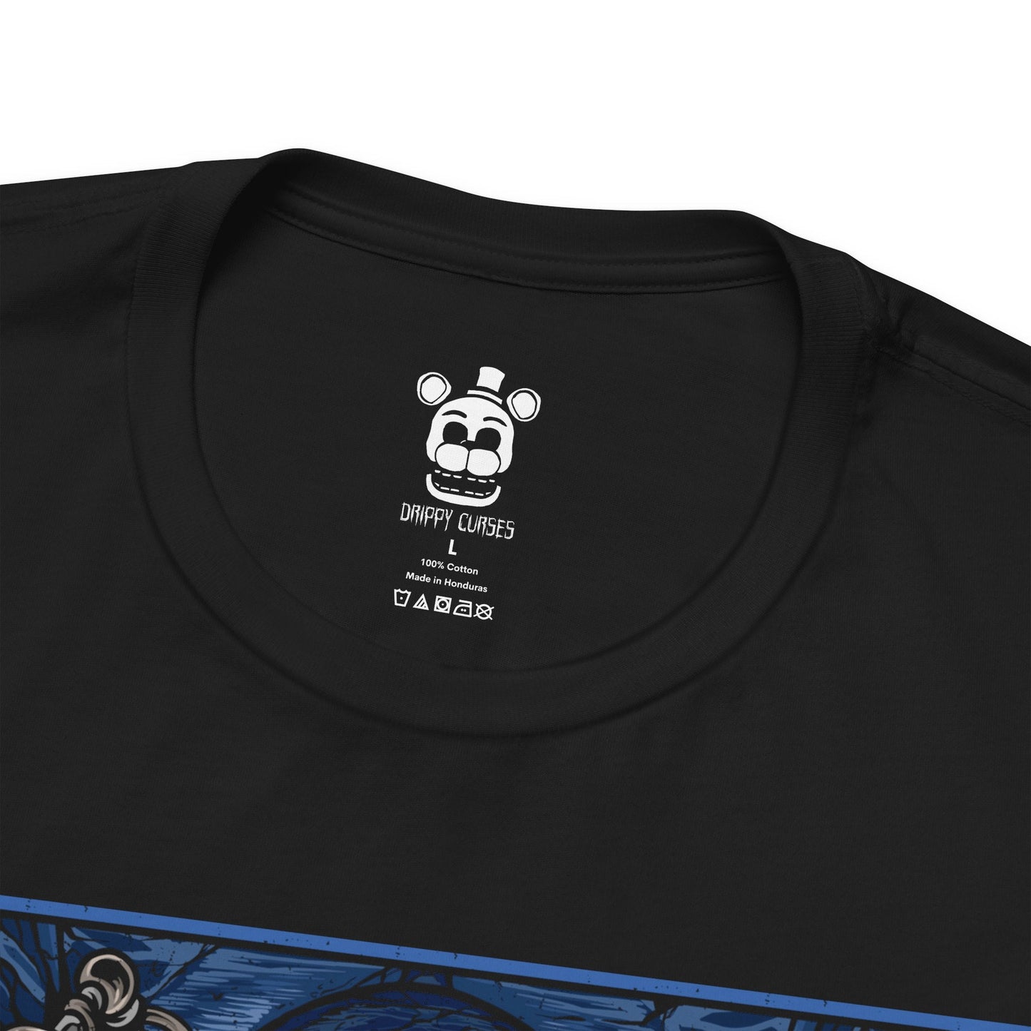 Folded T-Shirt design of Mangle from Five Nights at Freddy’s, hanging from the ceiling in a dark security room as exposed wires and broken animatronic parts twist around its mangled body. One glowing eye stares through the darkness while static flickers across nearby monitors. The design captures mechanical horror, instability, and the unsettling presence of one of FNAF’s most disturbing animatronics.