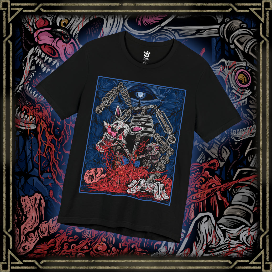 Thumbnail of a T-Shirt design of Mangle from Five Nights at Freddy’s, hanging from the ceiling in a dark security room as exposed wires and broken animatronic parts twist around its mangled body. One glowing eye stares through the darkness while static flickers across nearby monitors. The design captures mechanical horror, instability, and the unsettling presence of one of FNAF’s most disturbing animatronics.