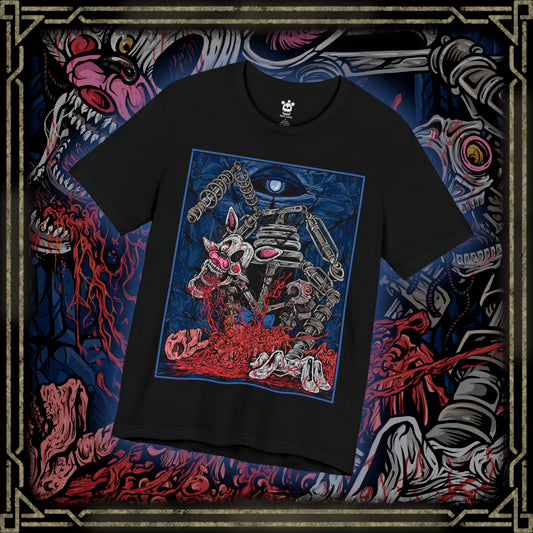 Thumbnail of a T-Shirt design of Mangle from Five Nights at Freddy’s, hanging from the ceiling in a dark security room as exposed wires and broken animatronic parts twist around its mangled body. One glowing eye stares through the darkness while static flickers across nearby monitors. The design captures mechanical horror, instability, and the unsettling presence of one of FNAF’s most disturbing animatronics.