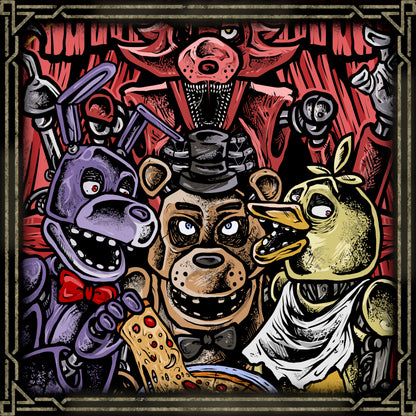 Artwork of FNAF Freddy Fazbear Pizzeria. Freddy Fazbear, Bonnie, Chica, and Foxy are the original mascots of Freddy Fazbear's Pizza, the haunted restaurant at the heart of the Five Nights at Freddy's. By day they entertain children, but after dark they roam the halls, driven by the restless spirits trapped within their mechanical bodies.