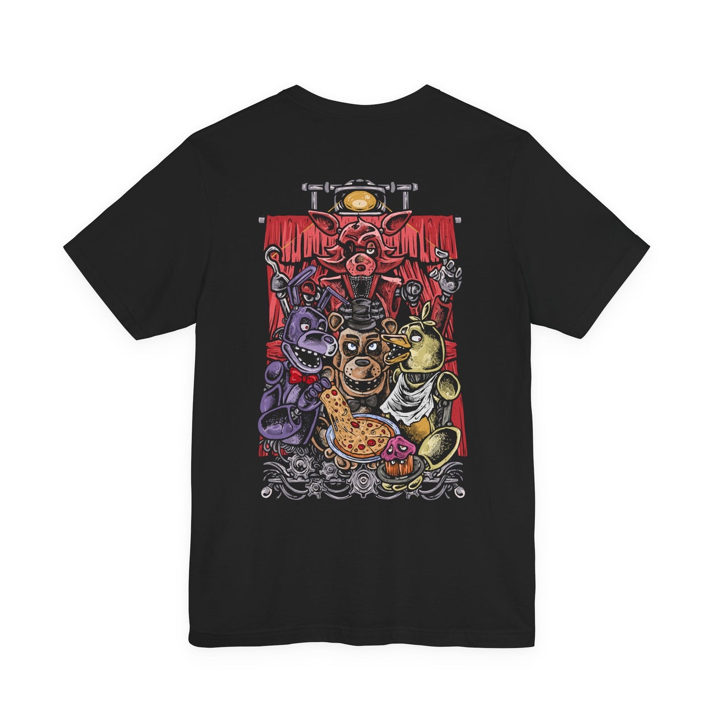 Image 5 of a T-Shirt artwork depicting the four original animatronics gathered inside Freddy Fazbear's Pizzeria, with Freddy gripping his microphone, Bonnie holding his guitar, Chica clutching her cupcake, and Foxy emerging from Pirate Cove. Broken arcade machines, security cameras, and flickering lights create an atmosphere of suspense. The design reflects the mystery, nostalgia, and horror that made Five Nights at Freddy's a legendary franchise.
