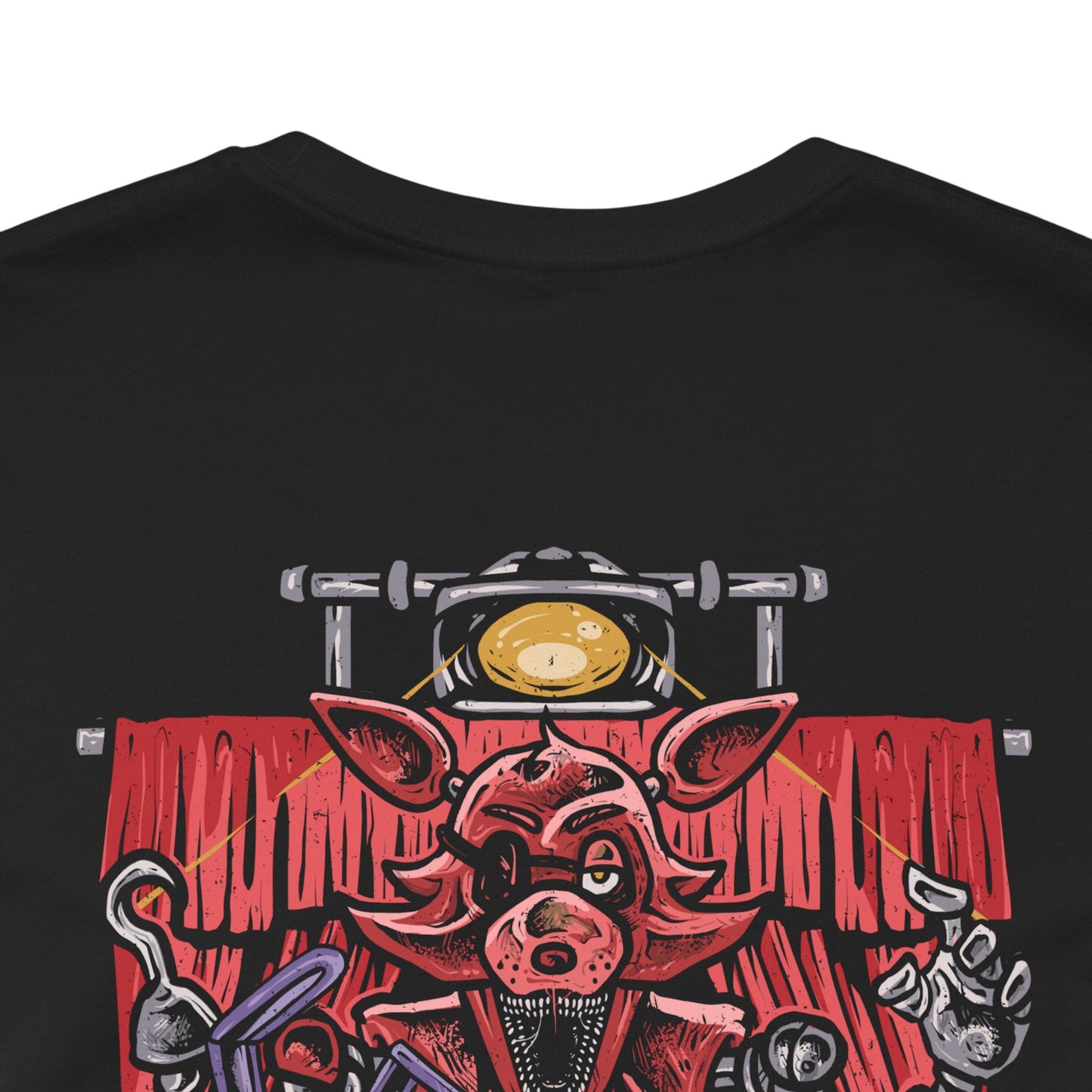 Image 7 of a T-Shirt artwork depicting the four original animatronics gathered inside Freddy Fazbear's Pizzeria, with Freddy gripping his microphone, Bonnie holding his guitar, Chica clutching her cupcake, and Foxy emerging from Pirate Cove. Broken arcade machines, security cameras, and flickering lights create an atmosphere of suspense. The design reflects the mystery, nostalgia, and horror that made Five Nights at Freddy's a legendary franchise.