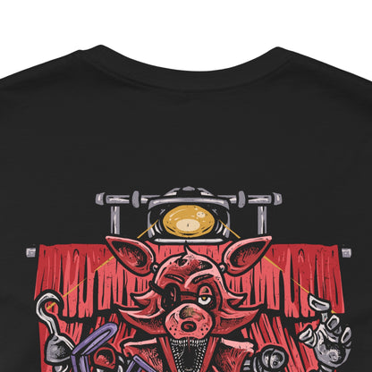 Image 7 of a T-Shirt artwork depicting the four original animatronics gathered inside Freddy Fazbear's Pizzeria, with Freddy gripping his microphone, Bonnie holding his guitar, Chica clutching her cupcake, and Foxy emerging from Pirate Cove. Broken arcade machines, security cameras, and flickering lights create an atmosphere of suspense. The design reflects the mystery, nostalgia, and horror that made Five Nights at Freddy's a legendary franchise.