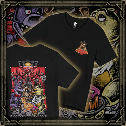 Thumbnail of a T-Shirt artwork depicting the four original animatronics gathered inside Freddy Fazbear's Pizzeria, with Freddy gripping his microphone, Bonnie holding his guitar, Chica clutching her cupcake, and Foxy emerging from Pirate Cove. Broken arcade machines, security cameras, and flickering lights create an atmosphere of suspense. The design reflects the mystery, nostalgia, and horror that made Five Nights at Freddy's a legendary franchise.