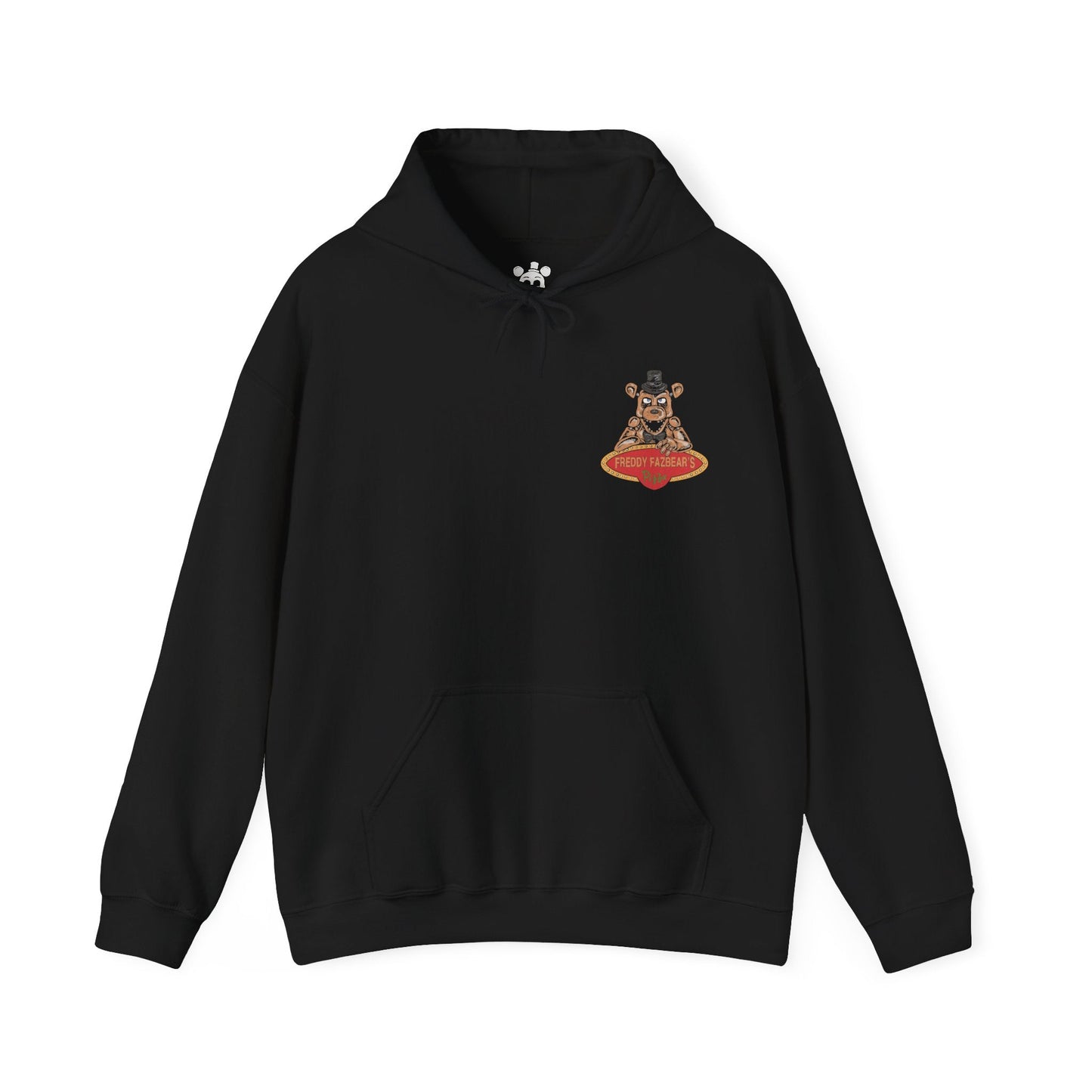 Image 4 of a Hooded Sweatshirt of Freddy Fazbear, Bonnie, Chica, and Foxy emerging from the shadows of Freddy Fazbear's Pizzeria, their glowing eyes piercing the darkness as abandoned party tables and colorful balloons contrast with the eerie setting. Static flickers across security monitors while the stage stands silent behind them. The composition emphasizes animatronic horror, suspense, and the unforgettable cast that defines Five Nights at Freddy's.