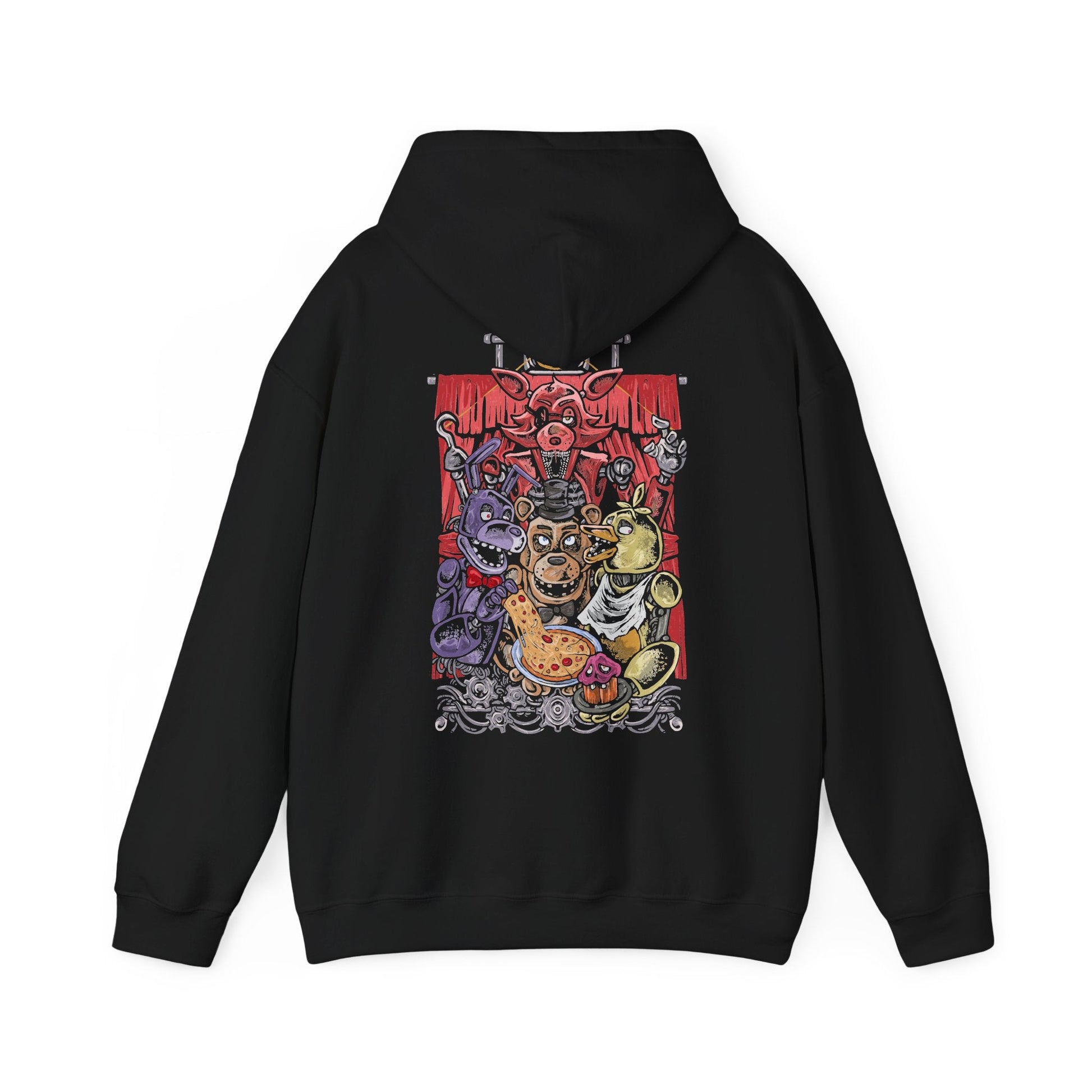 Image 5 of a Hooded Sweatshirt of Freddy Fazbear, Bonnie, Chica, and Foxy emerging from the shadows of Freddy Fazbear's Pizzeria, their glowing eyes piercing the darkness as abandoned party tables and colorful balloons contrast with the eerie setting. Static flickers across security monitors while the stage stands silent behind them. The composition emphasizes animatronic horror, suspense, and the unforgettable cast that defines Five Nights at Freddy's.