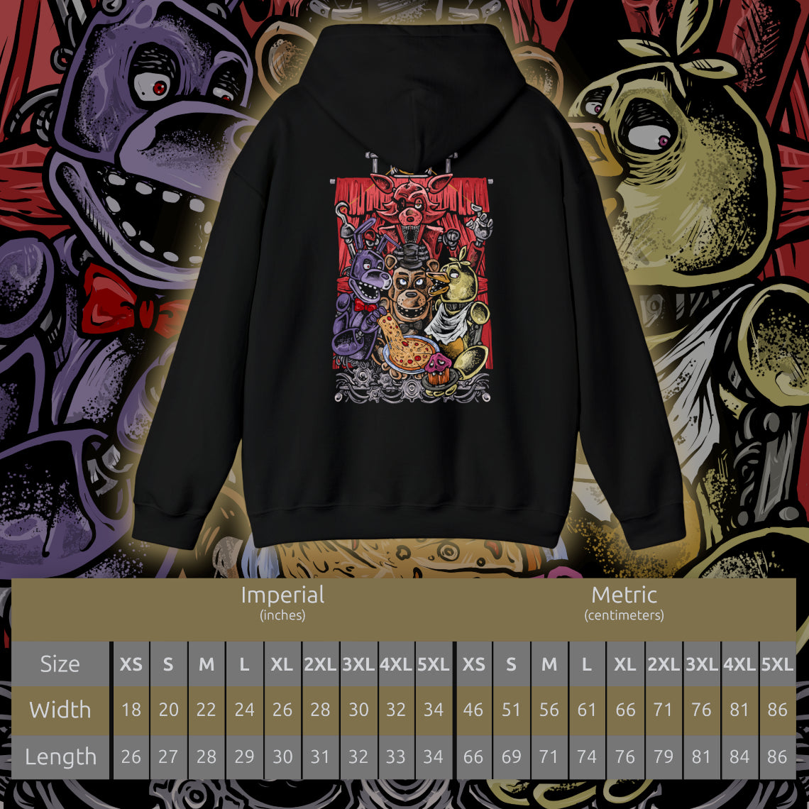 Size chart of a Hooded Sweatshirt of Freddy Fazbear, Bonnie, Chica, and Foxy emerging from the shadows of Freddy Fazbear's Pizzeria, their glowing eyes piercing the darkness as abandoned party tables and colorful balloons contrast with the eerie setting. Static flickers across security monitors while the stage stands silent behind them. The composition emphasizes animatronic horror, suspense, and the unforgettable cast that defines Five Nights at Freddy's.