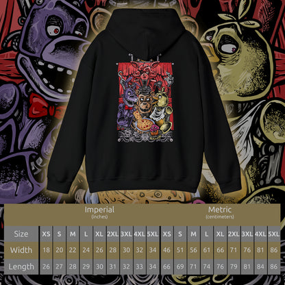 Size chart of a Hooded Sweatshirt of Freddy Fazbear, Bonnie, Chica, and Foxy emerging from the shadows of Freddy Fazbear's Pizzeria, their glowing eyes piercing the darkness as abandoned party tables and colorful balloons contrast with the eerie setting. Static flickers across security monitors while the stage stands silent behind them. The composition emphasizes animatronic horror, suspense, and the unforgettable cast that defines Five Nights at Freddy's.