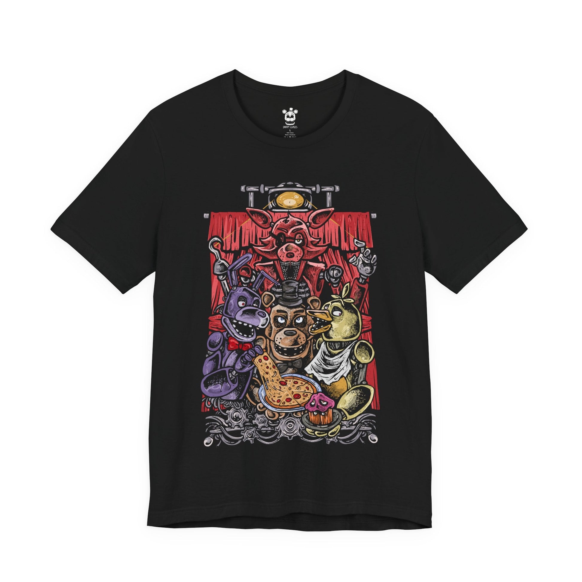 Image 4 of a T-Shirt design of Freddy Fazbear, Bonnie, Chica, and Foxy from Five Nights at Freddy's, standing inside the darkened Freddy Fazbear's Pizza after closing time. Flickering stage lights cast eerie shadows across the animatronics while party decorations hang abandoned in the background. The design captures the unsettling atmosphere of the haunted pizzeria and the terrifying presence of its iconic robotic performers.