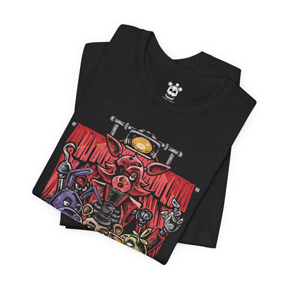 Image 5 of a T-Shirt design of Freddy Fazbear, Bonnie, Chica, and Foxy from Five Nights at Freddy's, standing inside the darkened Freddy Fazbear's Pizza after closing time. Flickering stage lights cast eerie shadows across the animatronics while party decorations hang abandoned in the background. The design captures the unsettling atmosphere of the haunted pizzeria and the terrifying presence of its iconic robotic performers.