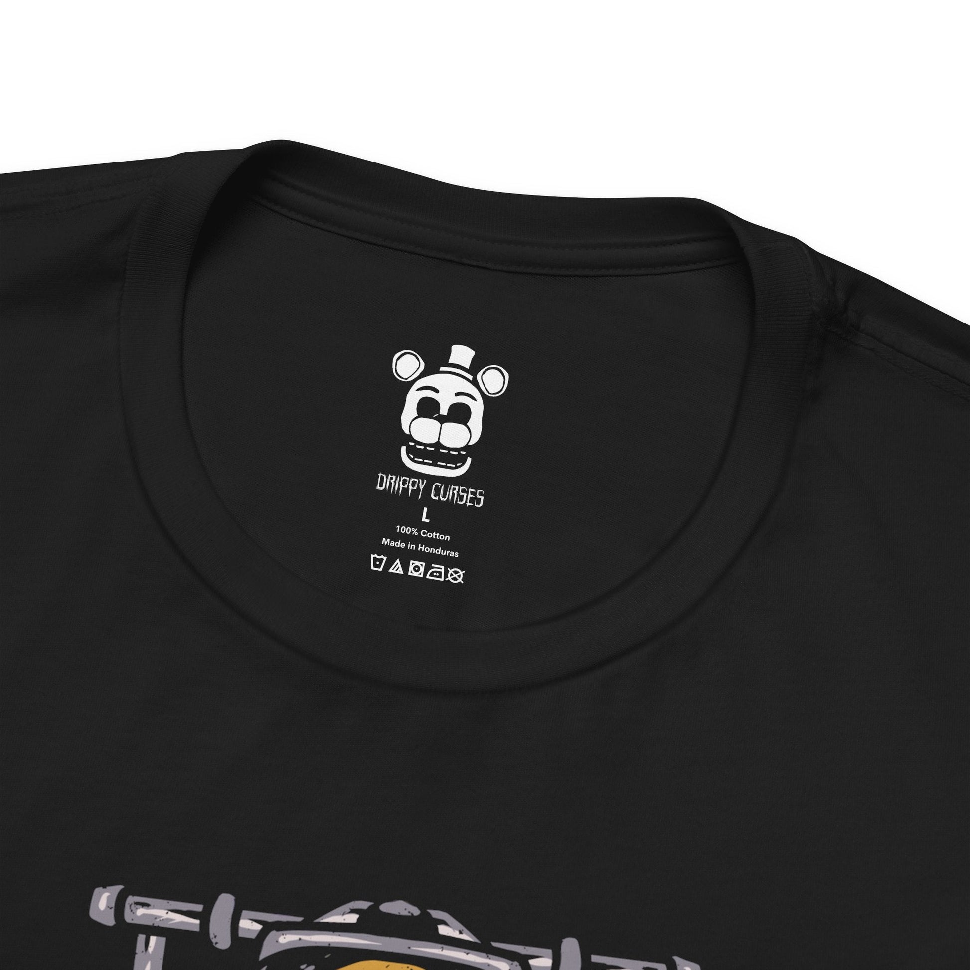 Folded T-Shirt design of Freddy Fazbear, Bonnie, Chica, and Foxy from Five Nights at Freddy's, standing inside the darkened Freddy Fazbear's Pizza after closing time. Flickering stage lights cast eerie shadows across the animatronics while party decorations hang abandoned in the background. The design captures the unsettling atmosphere of the haunted pizzeria and the terrifying presence of its iconic robotic performers.
