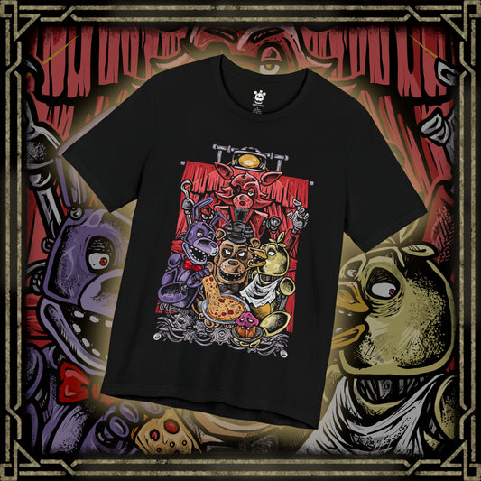 Thumbnail of a T-Shirt design of Freddy Fazbear, Bonnie, Chica, and Foxy from Five Nights at Freddy's, standing inside the darkened Freddy Fazbear's Pizza after closing time. Flickering stage lights cast eerie shadows across the animatronics while party decorations hang abandoned in the background. The design captures the unsettling atmosphere of the haunted pizzeria and the terrifying presence of its iconic robotic performers.