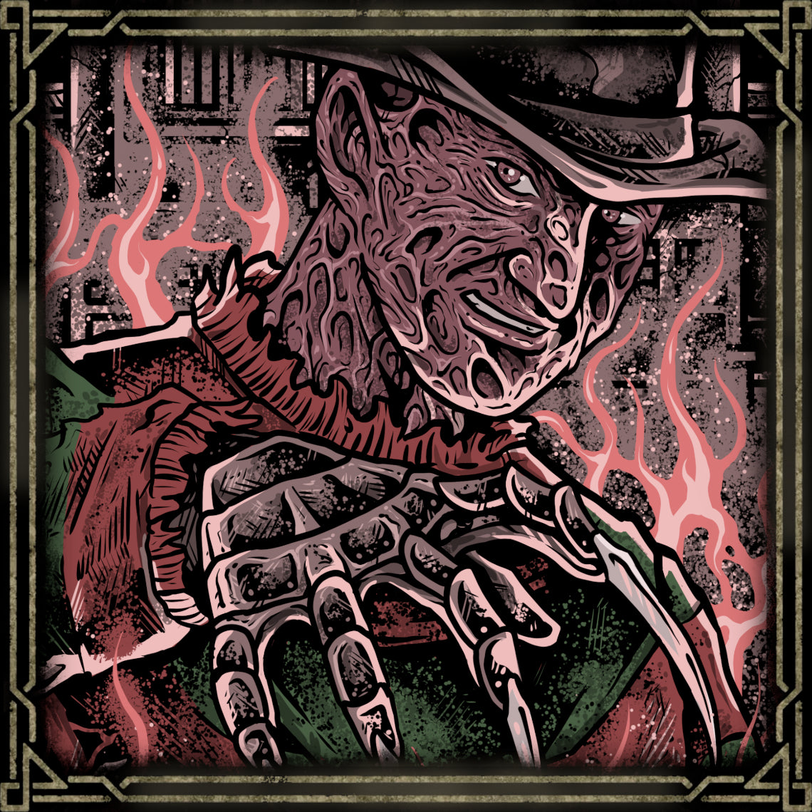 Artwork of Freedy Krueger the Nightmare Stalker. Freddy Krueger is the terrifying dream killer from the A Nightmare on Elm Street, haunting victims in their sleep where escape is impossible. With his burned face, striped sweater, and razor-glove, Freddy twists nightmares into deadly traps, turning fear itself into a weapon and becoming one of horror cinema’s most iconic slashers.