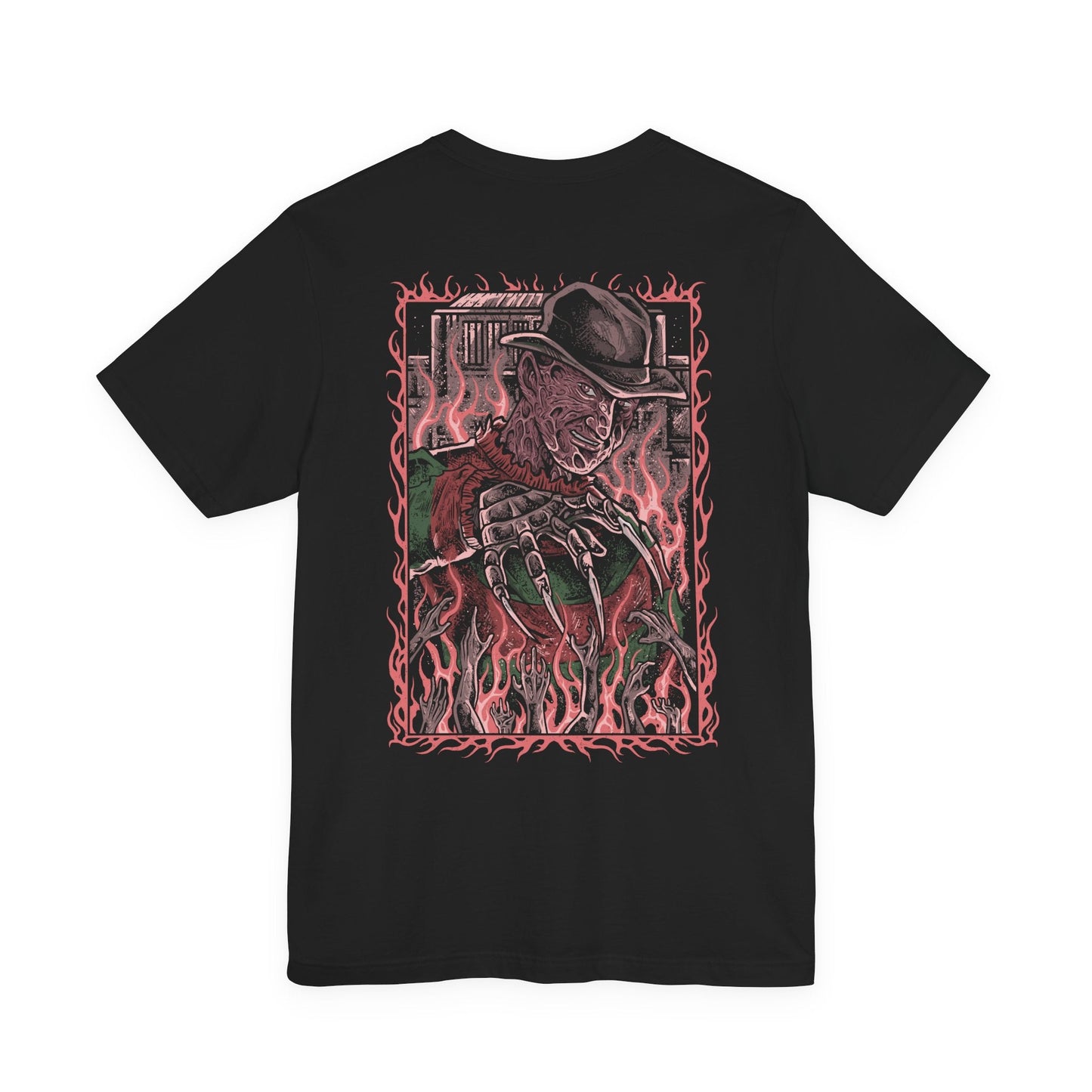 Image 5 of a T-Shirt artwork depicting Freddy Krueger standing inside a distorted dreamscape where boiler room pipes, smoke, and flickering flames surround his scarred figure. Razor-sharp claws glint under dim light as reality bends unnaturally around him. This design reflects Freddy’s power within dreams, embodying fear, manipulation, and the terror of never being safe even while asleep.
