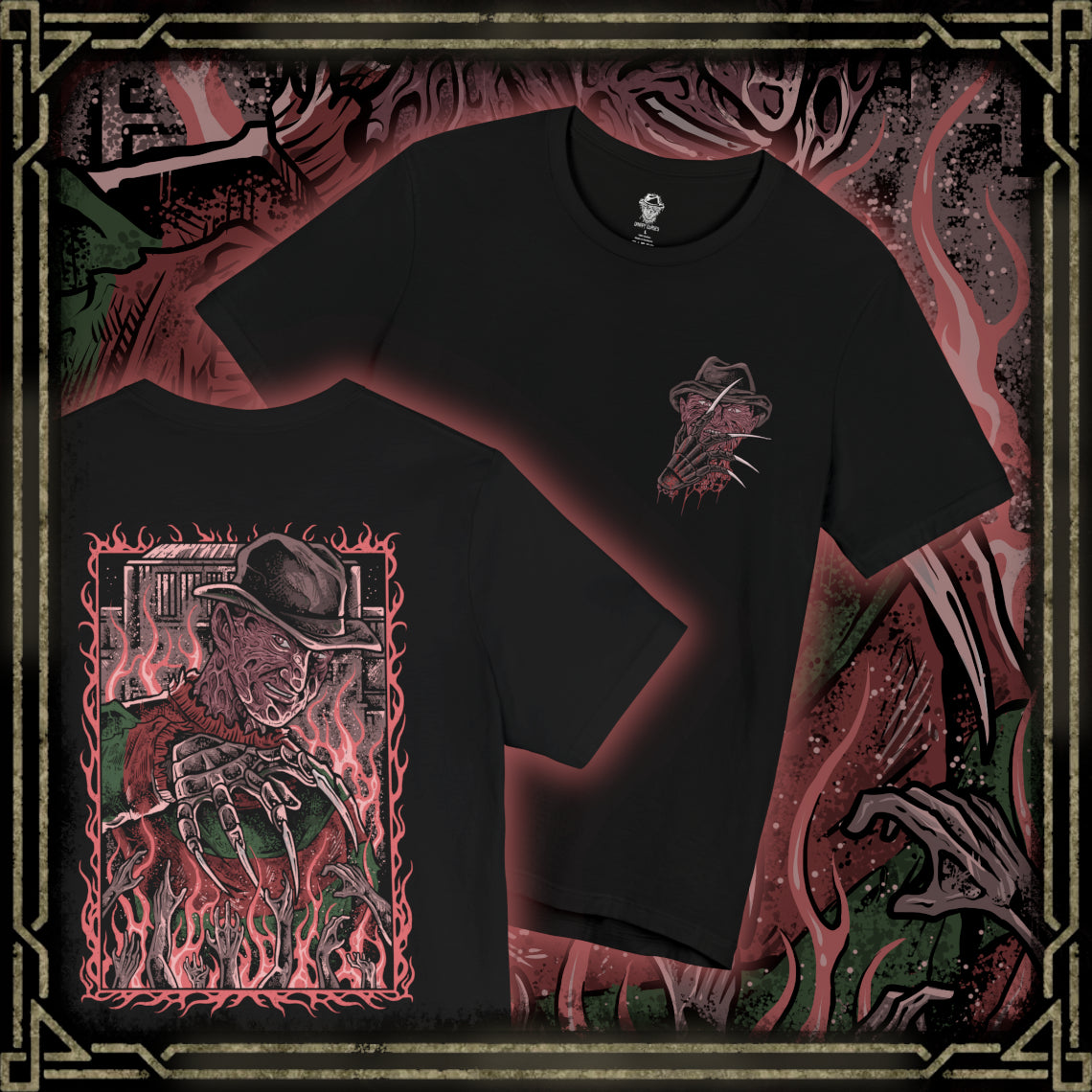 Thumbnail of a T-Shirt artwork depicting Freddy Krueger standing inside a distorted dreamscape where boiler room pipes, smoke, and flickering flames surround his scarred figure. Razor-sharp claws glint under dim light as reality bends unnaturally around him. This design reflects Freddy’s power within dreams, embodying fear, manipulation, and the terror of never being safe even while asleep.