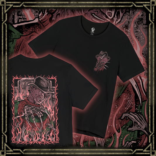 Thumbnail of a T-Shirt artwork depicting Freddy Krueger standing inside a distorted dreamscape where boiler room pipes, smoke, and flickering flames surround his scarred figure. Razor-sharp claws glint under dim light as reality bends unnaturally around him. This design reflects Freddy’s power within dreams, embodying fear, manipulation, and the terror of never being safe even while asleep.