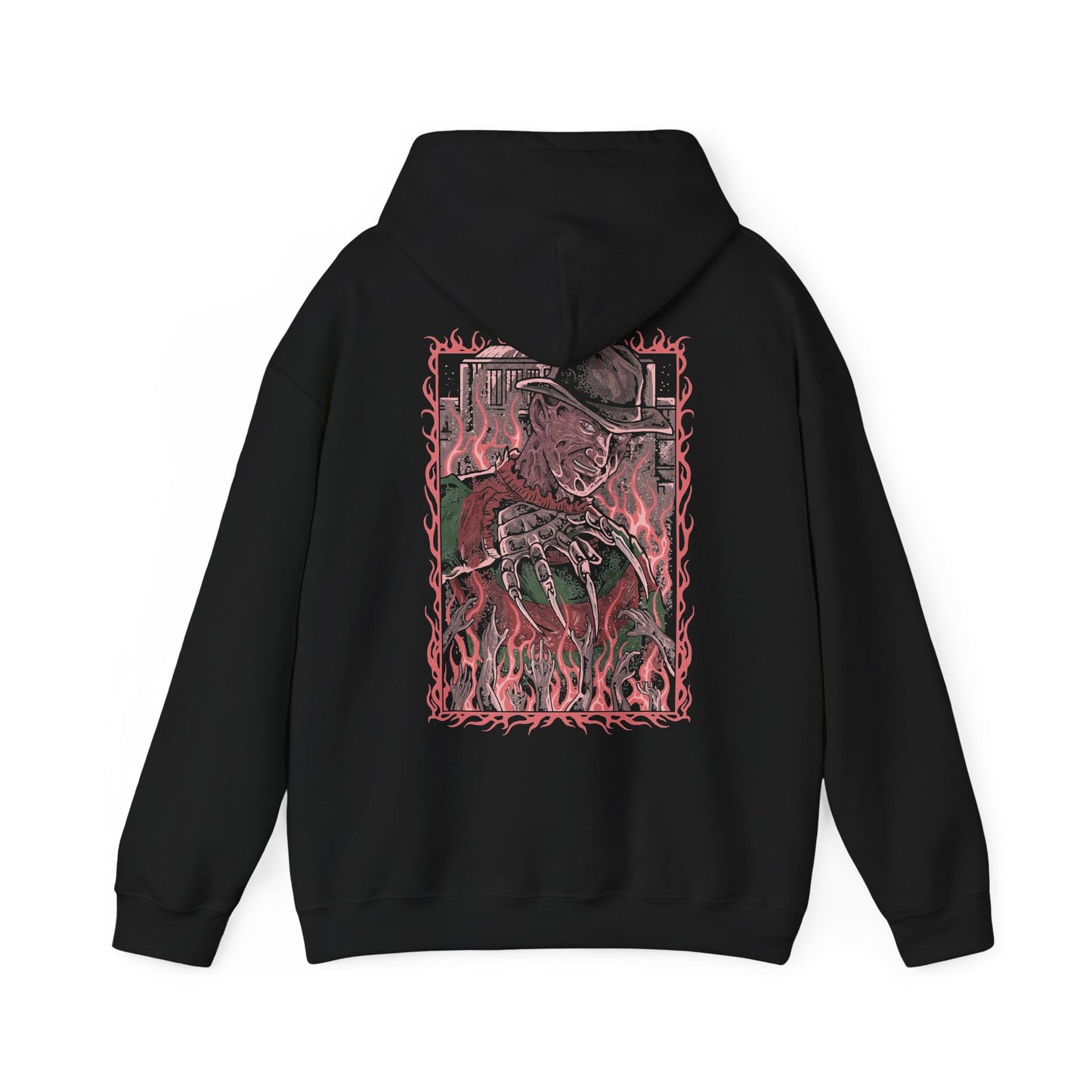 Image 5 of a Hooded Sweatshirt of Freddy Krueger stalking through a dark hallway with his iconic clawed glove scraping sparks across metal walls. Shadows stretch behind him while smoke and fire consume the background in nightmare-like fashion. The composition emphasizes dread, surreal horror, and the legendary slasher who turns sleep itself into a deadly trap.
