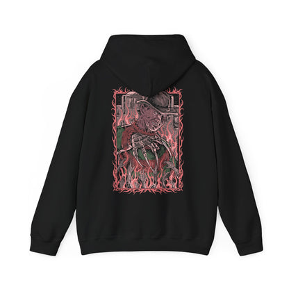 Image 5 of a Hooded Sweatshirt of Freddy Krueger stalking through a dark hallway with his iconic clawed glove scraping sparks across metal walls. Shadows stretch behind him while smoke and fire consume the background in nightmare-like fashion. The composition emphasizes dread, surreal horror, and the legendary slasher who turns sleep itself into a deadly trap.
