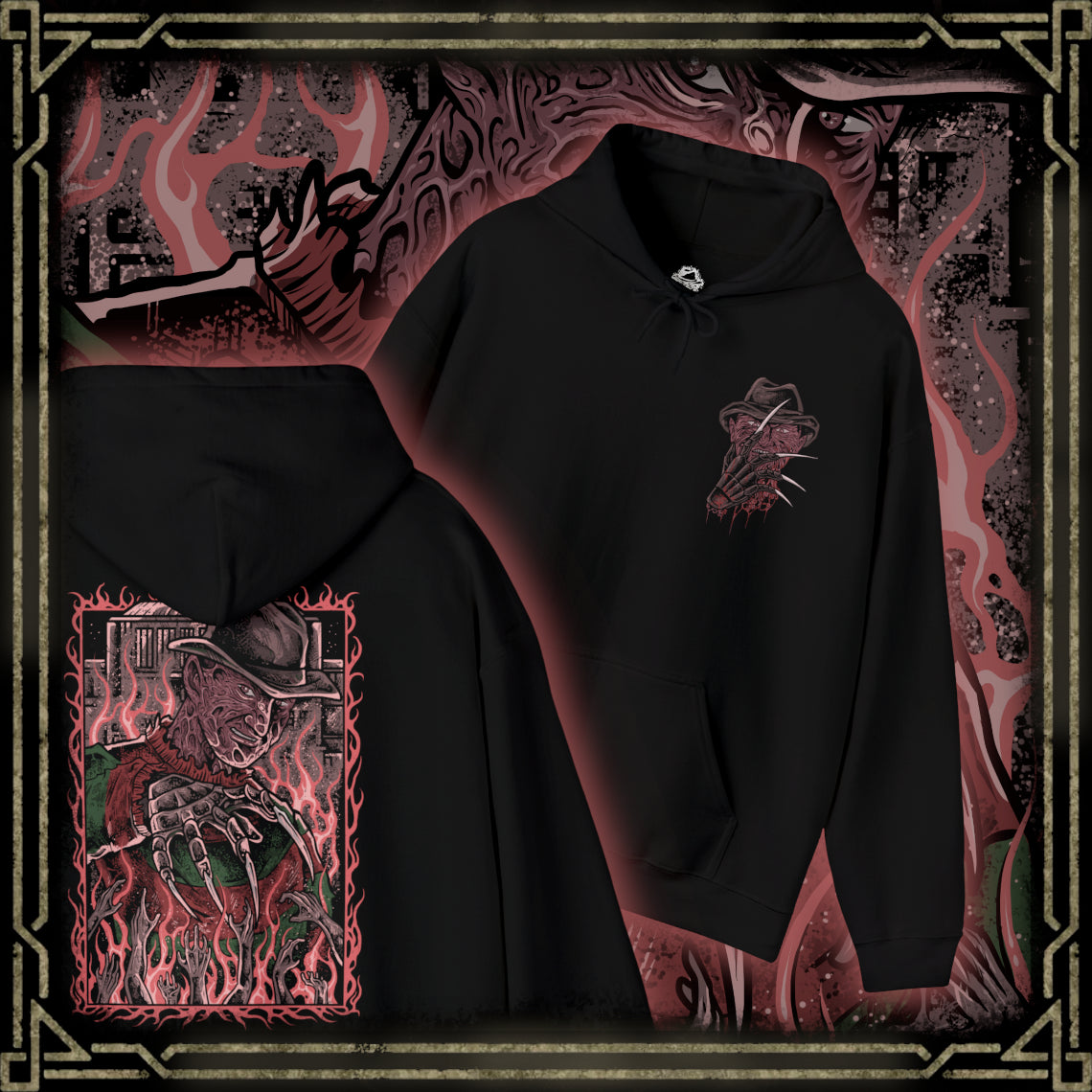Thumbnail of a Hooded Sweatshirt of Freddy Krueger stalking through a dark hallway with his iconic clawed glove scraping sparks across metal walls. Shadows stretch behind him while smoke and fire consume the background in nightmare-like fashion. The composition emphasizes dread, surreal horror, and the legendary slasher who turns sleep itself into a deadly trap.
