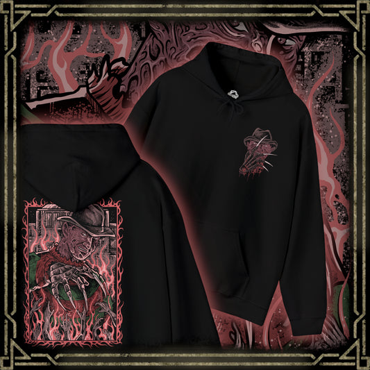 Thumbnail of a Hooded Sweatshirt of Freddy Krueger stalking through a dark hallway with his iconic clawed glove scraping sparks across metal walls. Shadows stretch behind him while smoke and fire consume the background in nightmare-like fashion. The composition emphasizes dread, surreal horror, and the legendary slasher who turns sleep itself into a deadly trap.