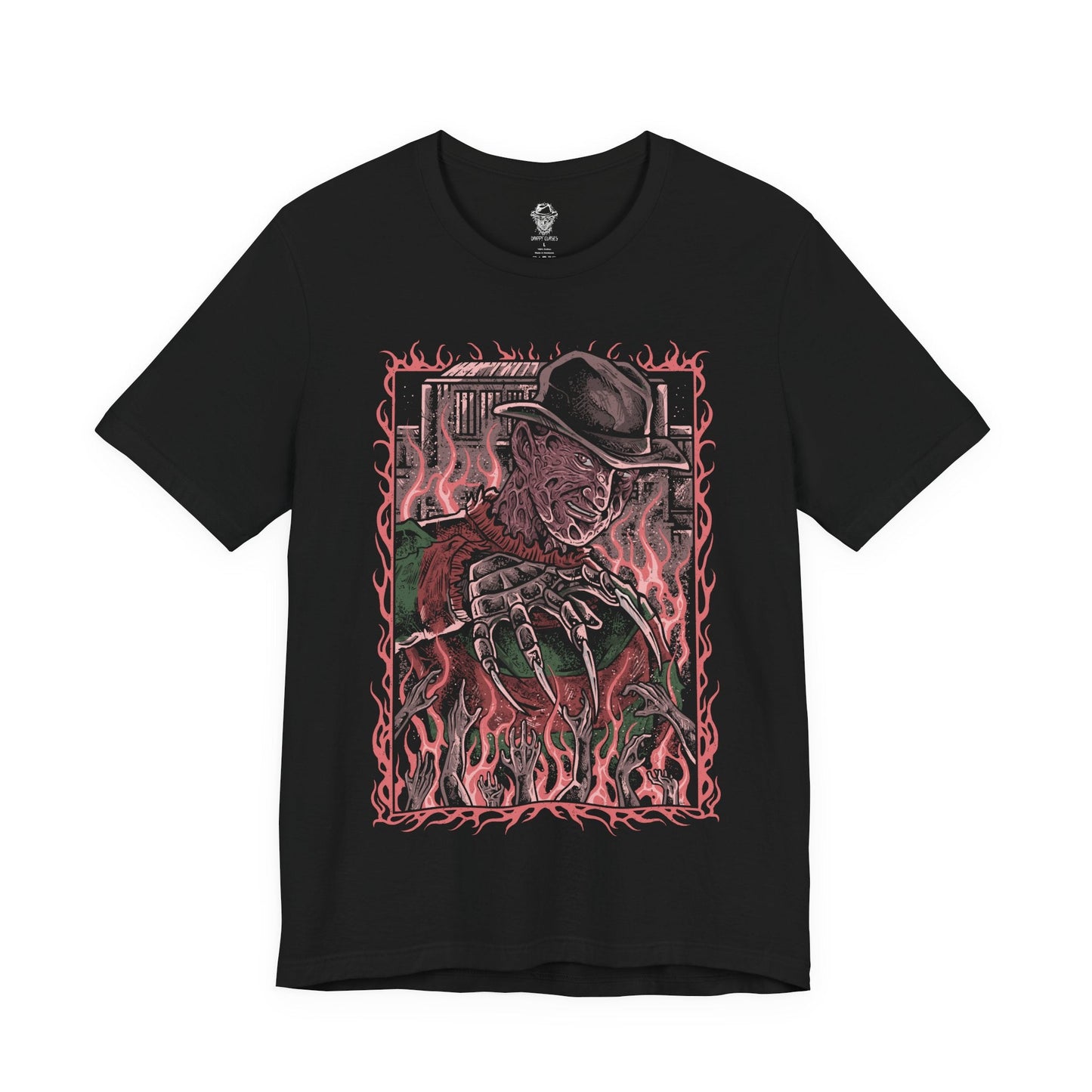 Image 4 of a T-Shirt design of Freddy Krueger from A Nightmare on Elm Street, emerging from a nightmare-filled darkness with his bladed glove extended toward the viewer. His burned face twists into a sinister grin beneath a worn fedora while red and green stripes fade into shadow behind him. The design captures dreamlike terror, psychological horror, and the unstoppable fear haunting Elm Street.