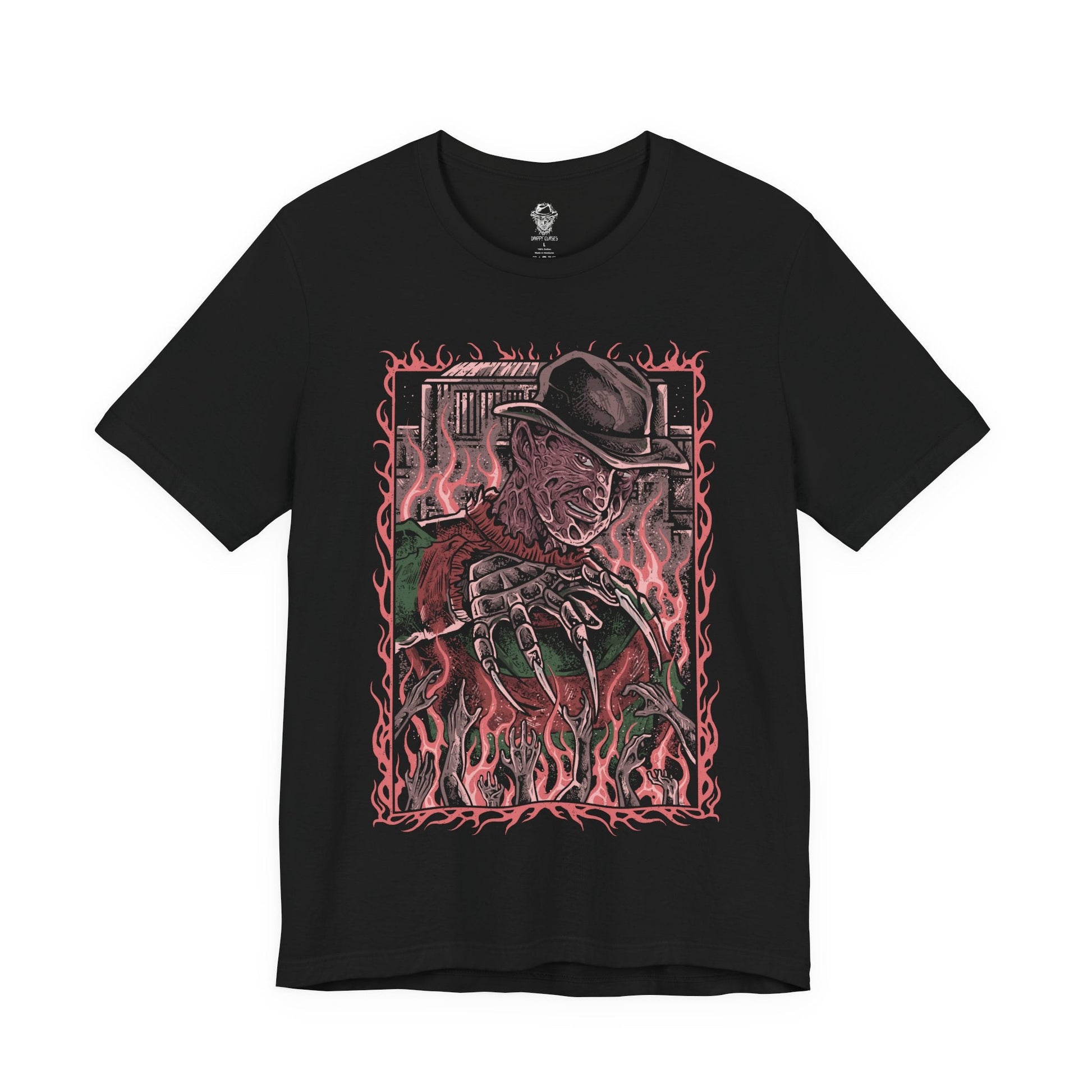 Image 4 of a T-Shirt design of Freddy Krueger from A Nightmare on Elm Street, emerging from a nightmare-filled darkness with his bladed glove extended toward the viewer. His burned face twists into a sinister grin beneath a worn fedora while red and green stripes fade into shadow behind him. The design captures dreamlike terror, psychological horror, and the unstoppable fear haunting Elm Street.