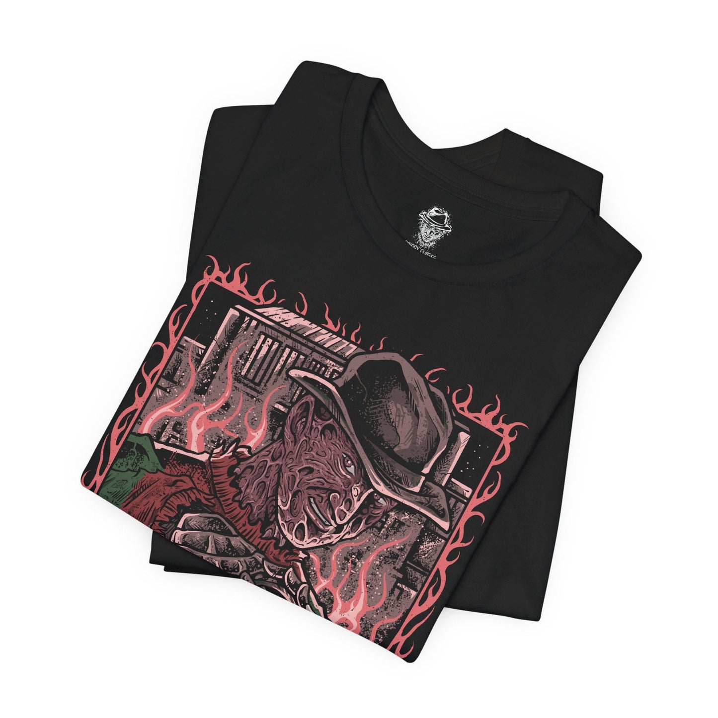 Image 5 of a T-Shirt design of Freddy Krueger from A Nightmare on Elm Street, emerging from a nightmare-filled darkness with his bladed glove extended toward the viewer. His burned face twists into a sinister grin beneath a worn fedora while red and green stripes fade into shadow behind him. The design captures dreamlike terror, psychological horror, and the unstoppable fear haunting Elm Street.
