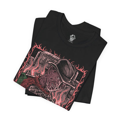 Image 5 of a T-Shirt design of Freddy Krueger from A Nightmare on Elm Street, emerging from a nightmare-filled darkness with his bladed glove extended toward the viewer. His burned face twists into a sinister grin beneath a worn fedora while red and green stripes fade into shadow behind him. The design captures dreamlike terror, psychological horror, and the unstoppable fear haunting Elm Street.