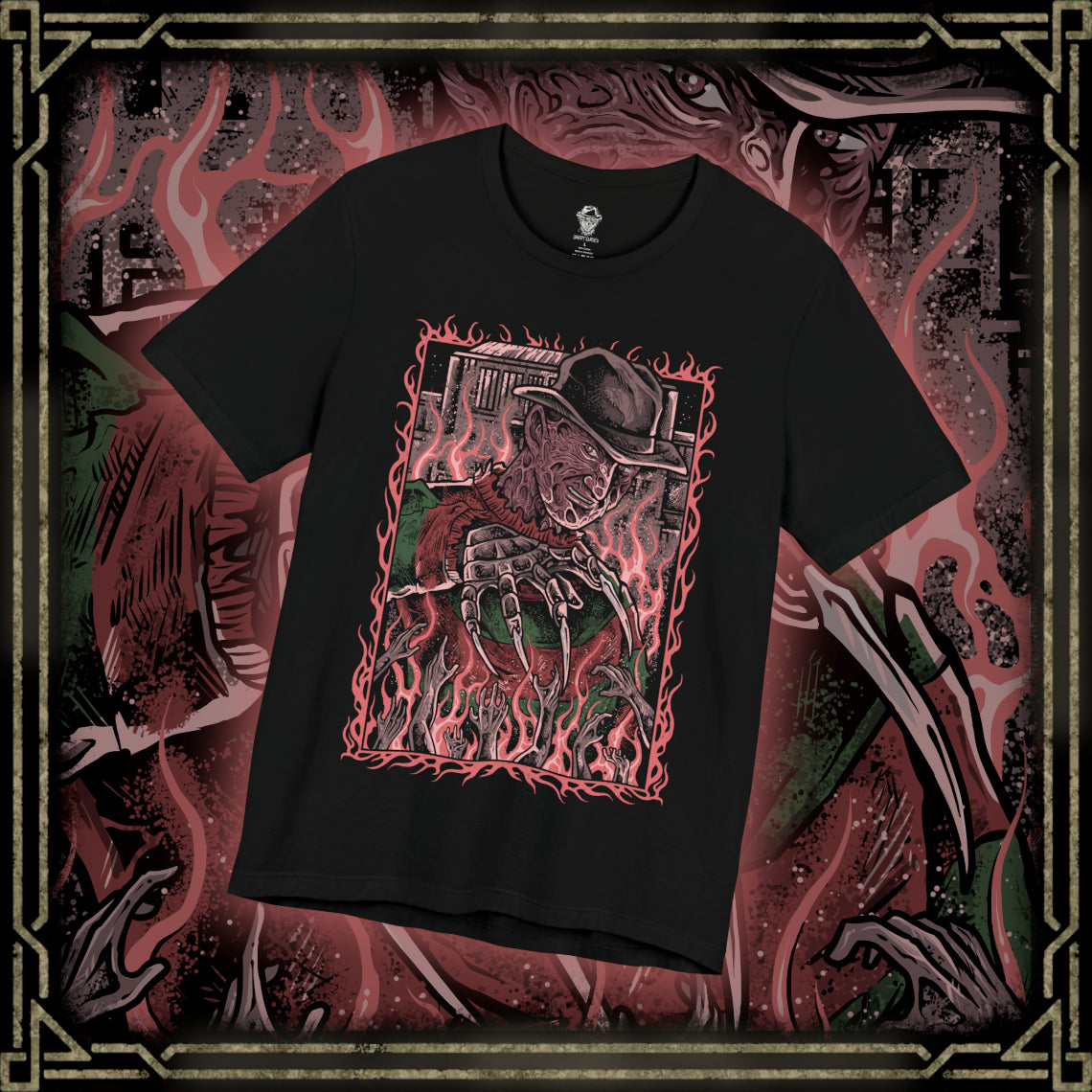 Thumbnail of a T-Shirt design of Freddy Krueger from A Nightmare on Elm Street, emerging from a nightmare-filled darkness with his bladed glove extended toward the viewer. His burned face twists into a sinister grin beneath a worn fedora while red and green stripes fade into shadow behind him. The design captures dreamlike terror, psychological horror, and the unstoppable fear haunting Elm Street.