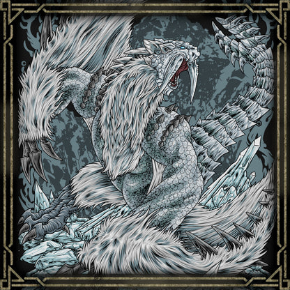 Artwork of Frostfang Barioth. Adapted to the harshest frozen environments, this fearsome fanged wyvern possesses enormous ice-coated tusks and devastating frost attacks capable of freezing the ground beneath its prey. Its enhanced breath attacks and aggressive fighting style make it a formidable opponent, demanding precise timing and careful positioning from even experienced hunters.