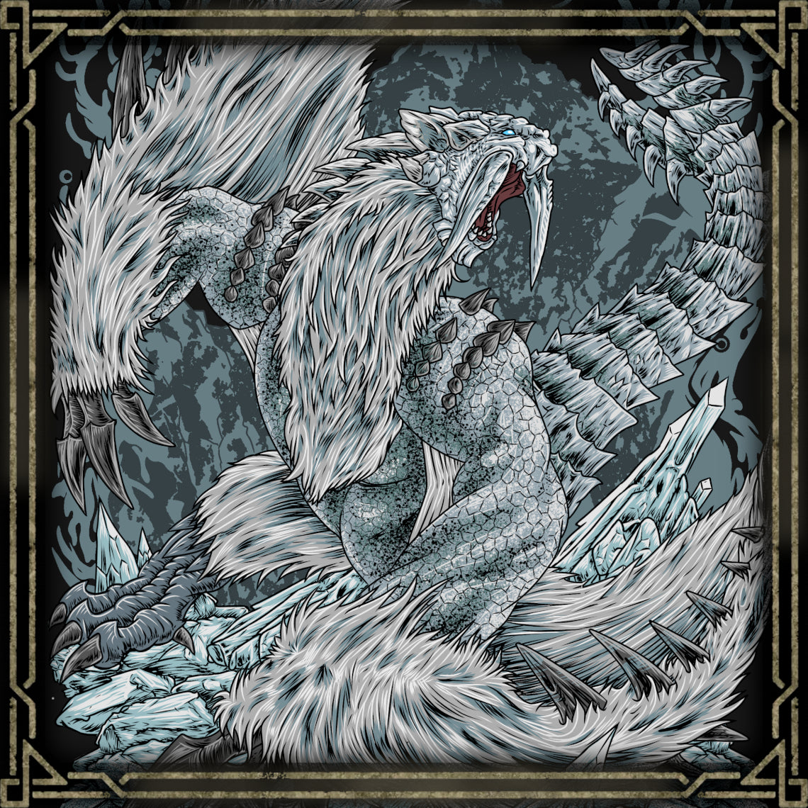 Concept Art of Frostfang Barioth. A fearsome variant of the fanged wyvern Barioth, Frostfang Barioth thrives in freezing environments and turns the cold into a devastating weapon. Its enormous frost-covered tusks and powerful icy breath can transform the battlefield into a hazardous landscape, punishing hunters who fail to anticipate its movements.