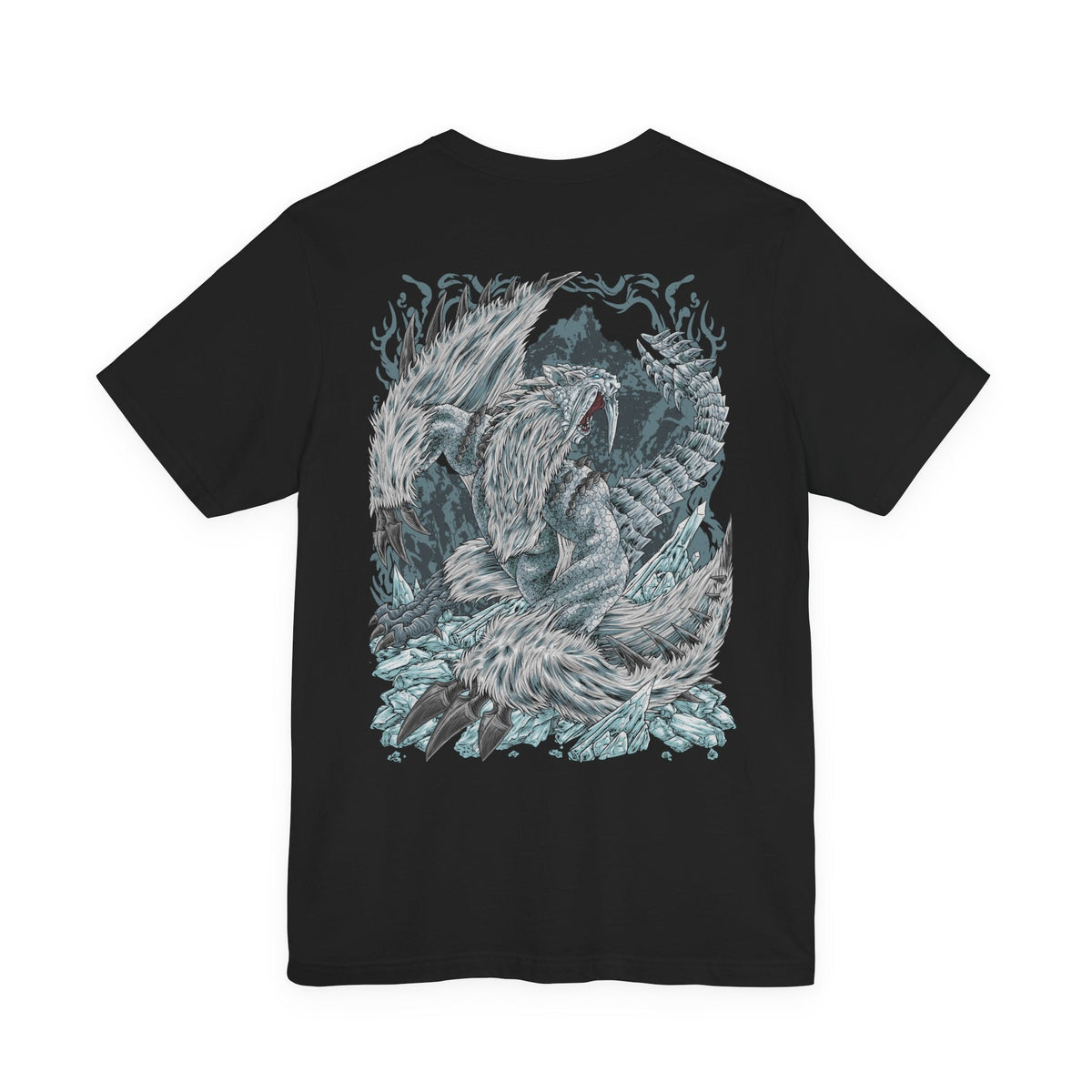 Image 5 of a Double-sided T-Shirt artwork featuring Frostfang Barioth from Monster Hunter World: Iceborne, depicting the massive ice-armored wyvern with elongated frozen tusks, sharp claws, and enormous wings. Snow swirls around its muscular body as icy vapor escapes its jaws, creating a dramatic portrait of this formidable predator. The design emphasizes its frozen adaptations, aggressive nature, and reputation as a terrifying challenge for experienced Monster Hunter hunters.