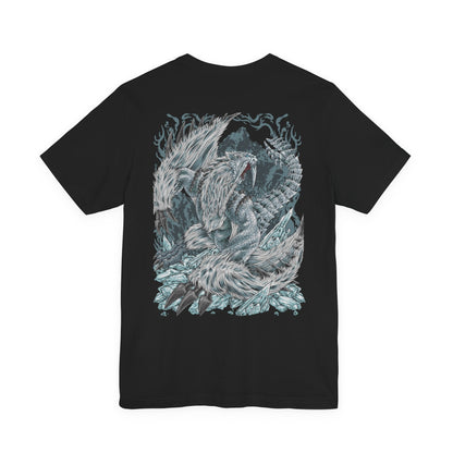 Image 5 of a Double-sided T-Shirt artwork featuring Frostfang Barioth from Monster Hunter World: Iceborne, depicting the massive ice-armored wyvern with elongated frozen tusks, sharp claws, and enormous wings. Snow swirls around its muscular body as icy vapor escapes its jaws, creating a dramatic portrait of this formidable predator. The design emphasizes its frozen adaptations, aggressive nature, and reputation as a terrifying challenge for experienced Monster Hunter hunters.