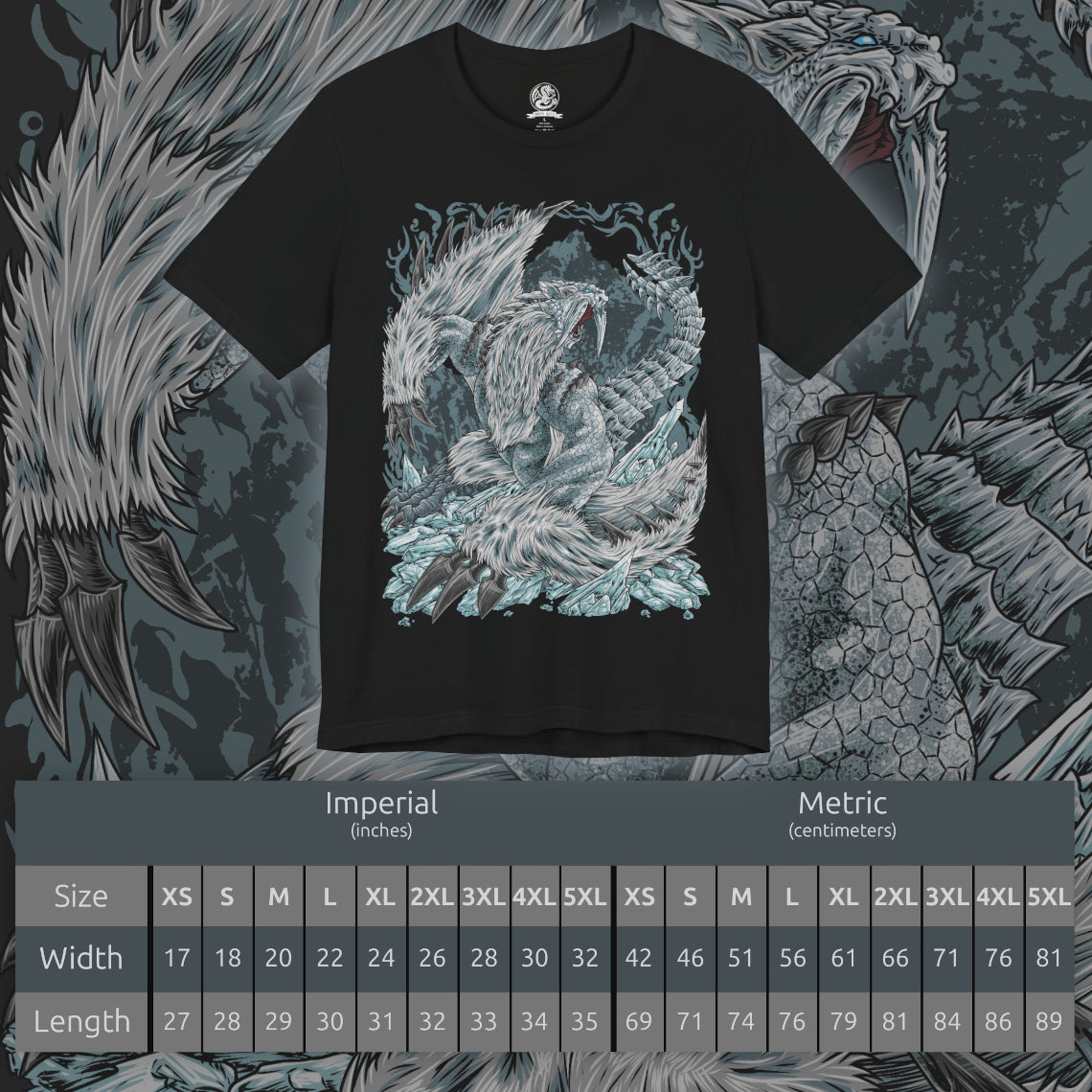 Size chart of a Double-sided T-Shirt artwork featuring Frostfang Barioth from Monster Hunter World: Iceborne, depicting the massive ice-armored wyvern with elongated frozen tusks, sharp claws, and enormous wings. Snow swirls around its muscular body as icy vapor escapes its jaws, creating a dramatic portrait of this formidable predator. The design emphasizes its frozen adaptations, aggressive nature, and reputation as a terrifying challenge for experienced Monster Hunter hunters.
