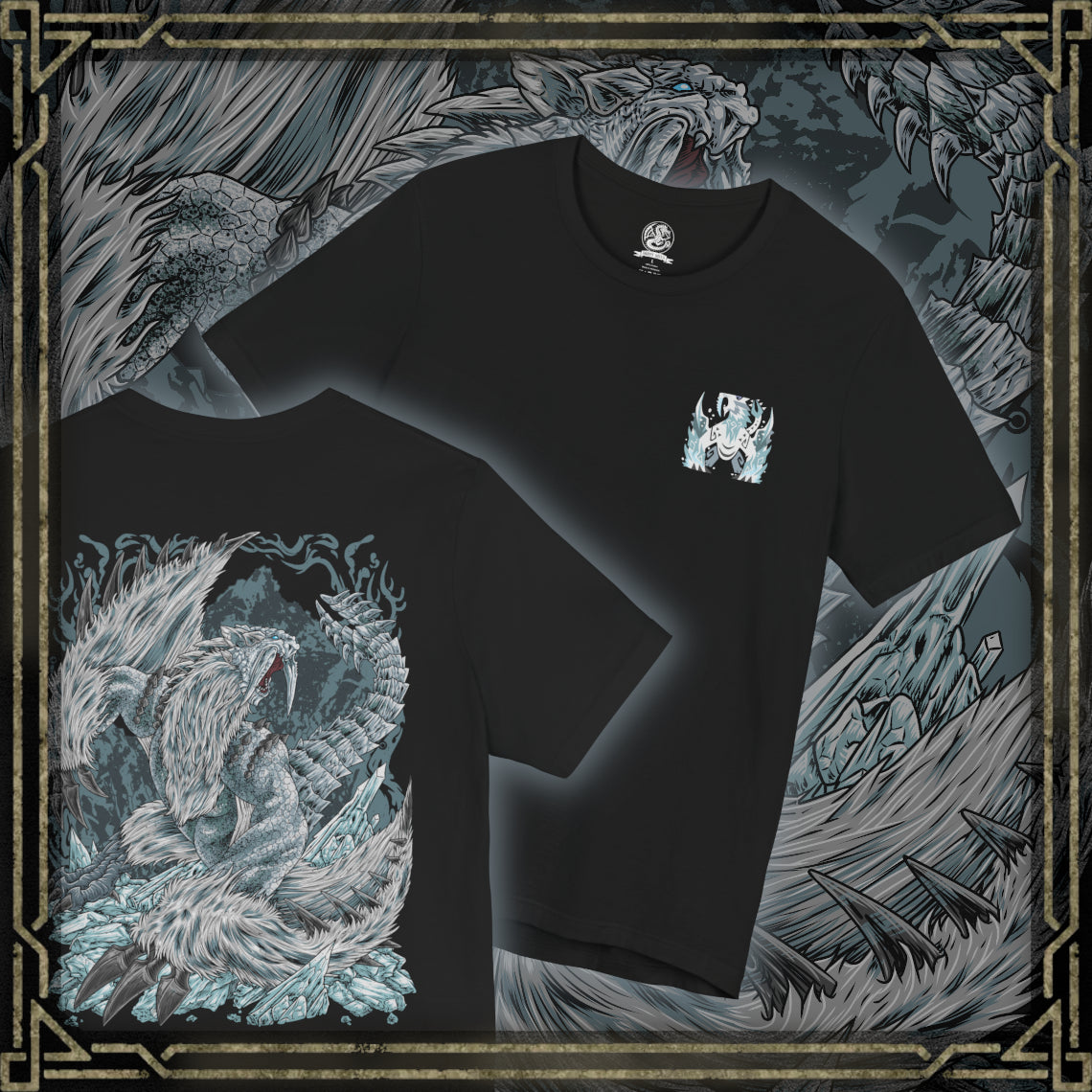 Thumbnail of a Double-sided T-Shirt artwork featuring Frostfang Barioth from Monster Hunter World: Iceborne, depicting the massive ice-armored wyvern with elongated frozen tusks, sharp claws, and enormous wings. Snow swirls around its muscular body as icy vapor escapes its jaws, creating a dramatic portrait of this formidable predator. The design emphasizes its frozen adaptations, aggressive nature, and reputation as a terrifying challenge for experienced Monster Hunter hunters.