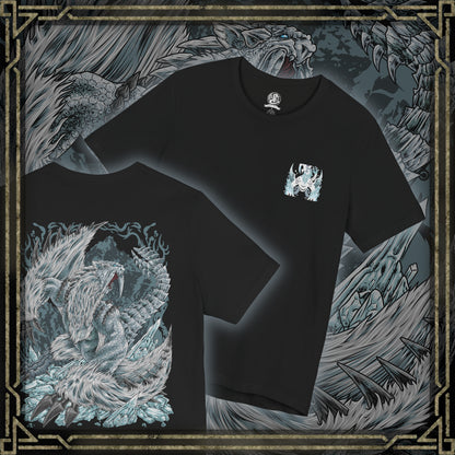 Thumbnail of a Double-sided T-Shirt artwork featuring Frostfang Barioth from Monster Hunter World: Iceborne, depicting the massive ice-armored wyvern with elongated frozen tusks, sharp claws, and enormous wings. Snow swirls around its muscular body as icy vapor escapes its jaws, creating a dramatic portrait of this formidable predator. The design emphasizes its frozen adaptations, aggressive nature, and reputation as a terrifying challenge for experienced Monster Hunter hunters.
