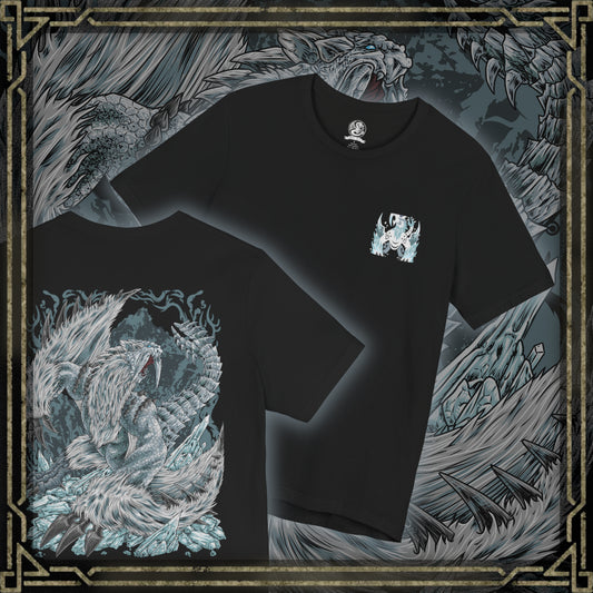 Thumbnail of a Double-sided T-Shirt artwork featuring Frostfang Barioth from Monster Hunter World: Iceborne, depicting the massive ice-armored wyvern with elongated frozen tusks, sharp claws, and enormous wings. Snow swirls around its muscular body as icy vapor escapes its jaws, creating a dramatic portrait of this formidable predator. The design emphasizes its frozen adaptations, aggressive nature, and reputation as a terrifying challenge for experienced Monster Hunter hunters.