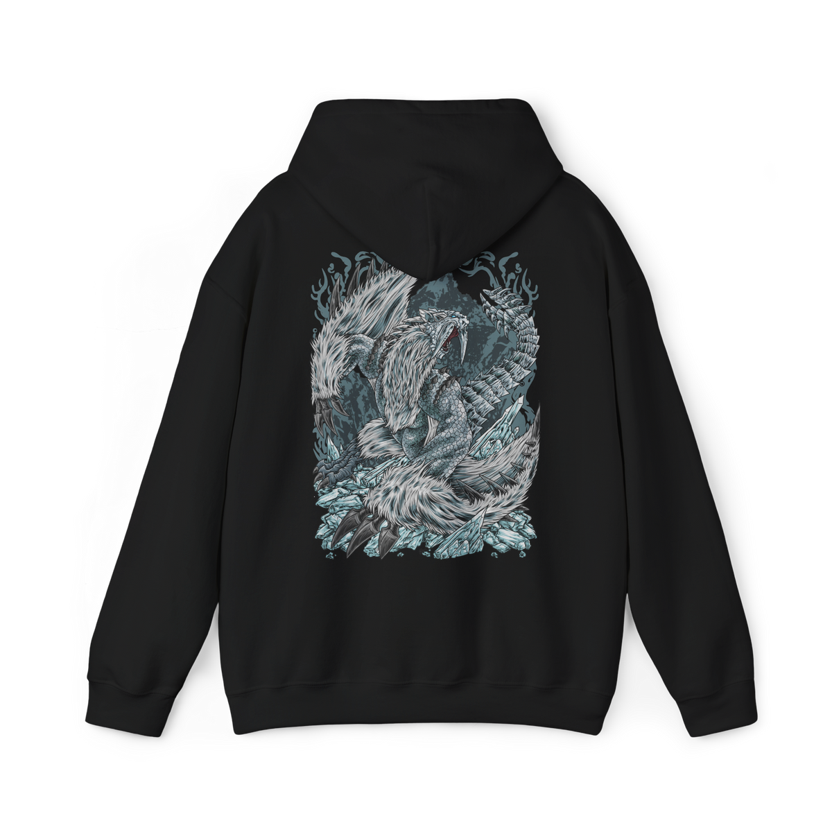 Image 5 of a Hooded Sweatshirt design of Frostfang Barioth from Monster Hunter World: Iceborne, portraying the enormous fanged wyvern with jagged ice-covered tusks, powerful claws, and broad wings emerging through a swirling blizzard. Frozen mist surrounds its armored body as it unleashes its chilling breath across a snow-covered battlefield. The artwork captures the monster’s savage aggression, icy adaptations, and commanding presence in the frozen wilderness of the New World.