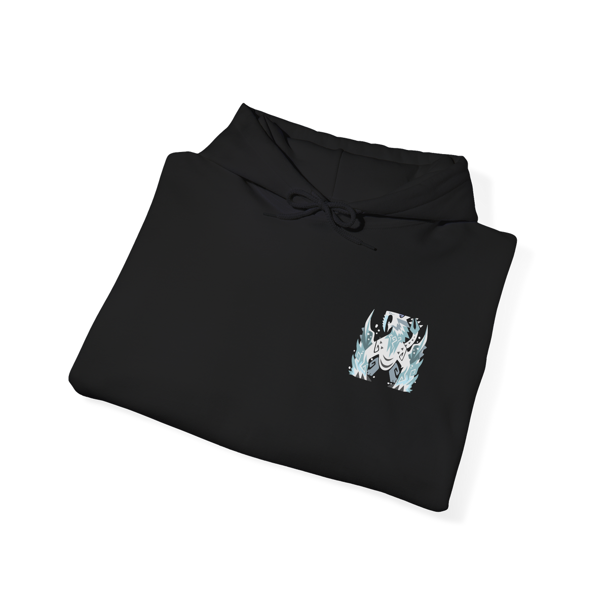 Image 6 of a Hooded Sweatshirt design of Frostfang Barioth from Monster Hunter World: Iceborne, portraying the enormous fanged wyvern with jagged ice-covered tusks, powerful claws, and broad wings emerging through a swirling blizzard. Frozen mist surrounds its armored body as it unleashes its chilling breath across a snow-covered battlefield. The artwork captures the monster’s savage aggression, icy adaptations, and commanding presence in the frozen wilderness of the New World.