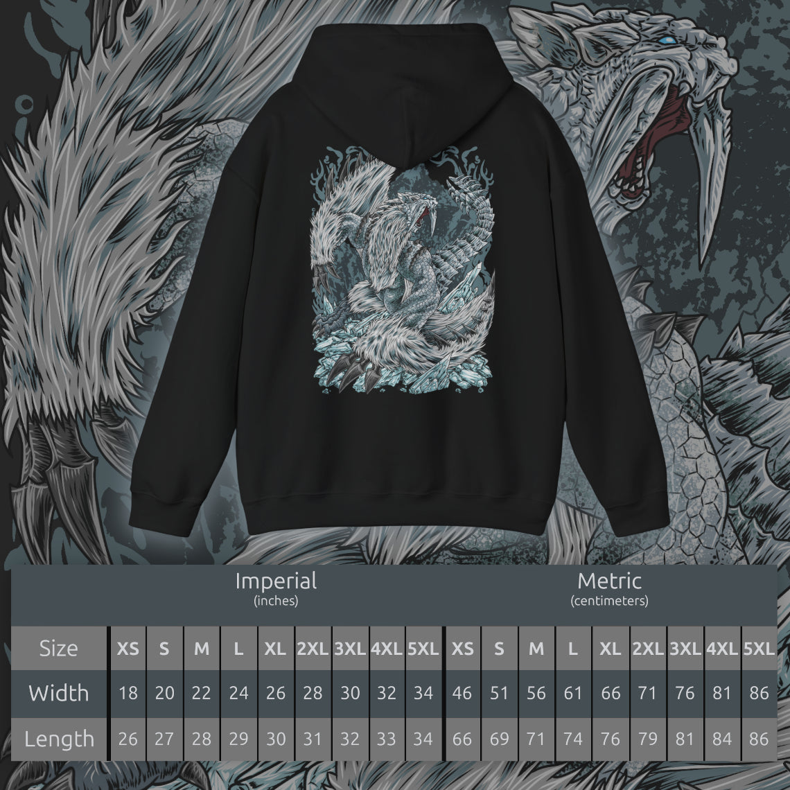 Size chart of a Hooded Sweatshirt design of Frostfang Barioth from Monster Hunter World: Iceborne, portraying the enormous fanged wyvern with jagged ice-covered tusks, powerful claws, and broad wings emerging through a swirling blizzard. Frozen mist surrounds its armored body as it unleashes its chilling breath across a snow-covered battlefield. The artwork captures the monster’s savage aggression, icy adaptations, and commanding presence in the frozen wilderness of the New World.