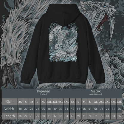 Size chart of a Hooded Sweatshirt design of Frostfang Barioth from Monster Hunter World: Iceborne, portraying the enormous fanged wyvern with jagged ice-covered tusks, powerful claws, and broad wings emerging through a swirling blizzard. Frozen mist surrounds its armored body as it unleashes its chilling breath across a snow-covered battlefield. The artwork captures the monster’s savage aggression, icy adaptations, and commanding presence in the frozen wilderness of the New World.