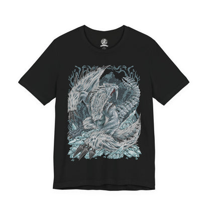 Image 4 of a T-Shirt design of Frostfang Barioth from Monster Hunter World: Iceborne, showcasing the enormous fanged wyvern with its distinctive frost-covered tusks, armored scales, and powerful wings spread wide. Icy mist and frozen particles surround the beast as it prepares to unleash a devastating freezing breath attack. The artwork captures its predatory aggression, wintry appearance, and terrifying presence as one of the most dangerous monsters lurking in the frozen Hoarfrost Reach.