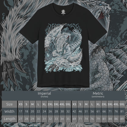 Size chart of a T-Shirt design of Frostfang Barioth from Monster Hunter World: Iceborne, showcasing the enormous fanged wyvern with its distinctive frost-covered tusks, armored scales, and powerful wings spread wide. Icy mist and frozen particles surround the beast as it prepares to unleash a devastating freezing breath attack. The artwork captures its predatory aggression, wintry appearance, and terrifying presence as one of the most dangerous monsters lurking in the frozen Hoarfrost Reach.