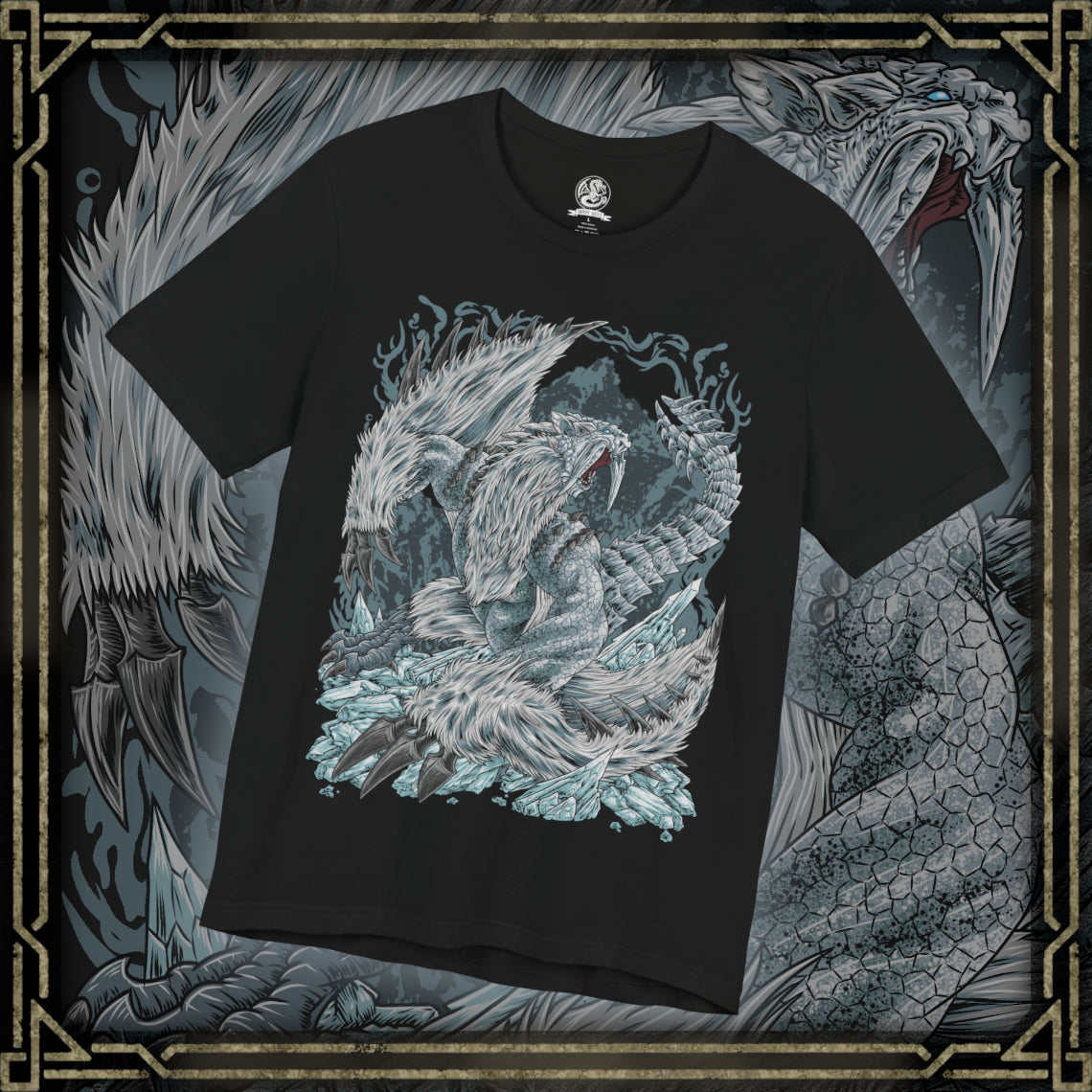 Thumbnail of a T-Shirt design of Frostfang Barioth from Monster Hunter World: Iceborne, showcasing the enormous fanged wyvern with its distinctive frost-covered tusks, armored scales, and powerful wings spread wide. Icy mist and frozen particles surround the beast as it prepares to unleash a devastating freezing breath attack. The artwork captures its predatory aggression, wintry appearance, and terrifying presence as one of the most dangerous monsters lurking in the frozen Hoarfrost Reach.