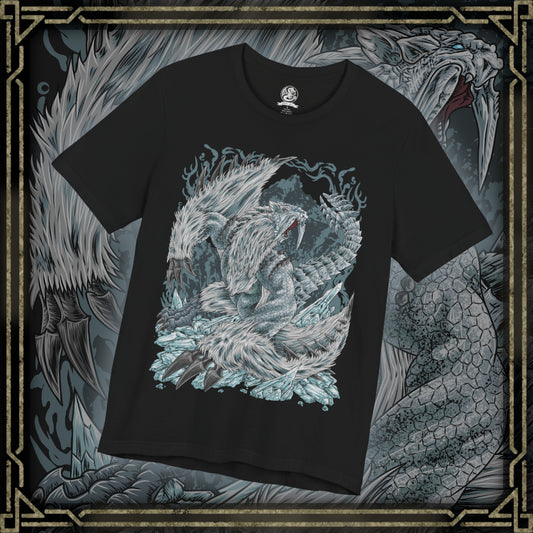 Thumbnail of a T-Shirt design of Frostfang Barioth from Monster Hunter World: Iceborne, showcasing the enormous fanged wyvern with its distinctive frost-covered tusks, armored scales, and powerful wings spread wide. Icy mist and frozen particles surround the beast as it prepares to unleash a devastating freezing breath attack. The artwork captures its predatory aggression, wintry appearance, and terrifying presence as one of the most dangerous monsters lurking in the frozen Hoarfrost Reach.
