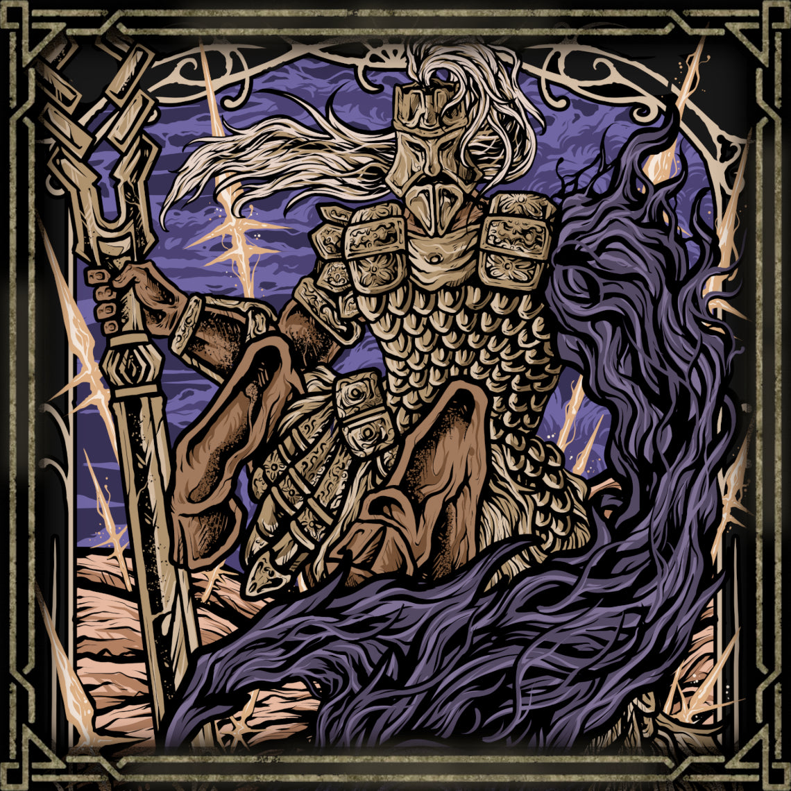 Concept Art of Fulghor Champion of Nightglow. Fulghor's existence is defined by battle and betrayal. Once accompanied by others who ultimately severed his left arm, the ancient centaur continued fighting until he became one of the Nightlords. His spear channels a sacred form of Night power, while his transformation draws the darkness directly from his wounded body, making the Darkdrift Knight an embodiment of war, suffering, and corrupted power.